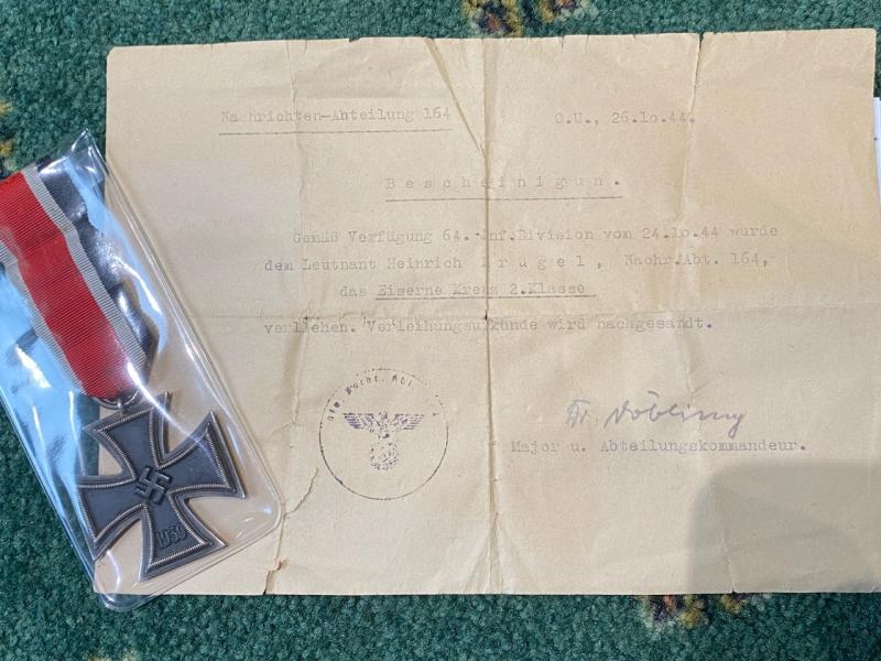 WWII IRON CROSS 2nd CLASS WITH FIELD CITATION CERTIFICATE.