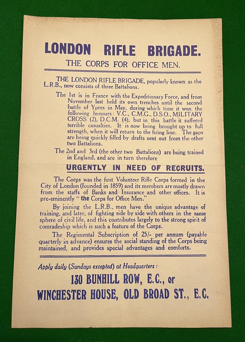 WW1 London Rifle Brigade Recruiting Poster.