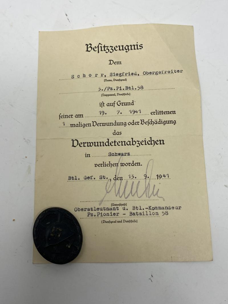 THIRD REICH BLACK WOUND BADGE AWARD DOCUMENT & BADGE.