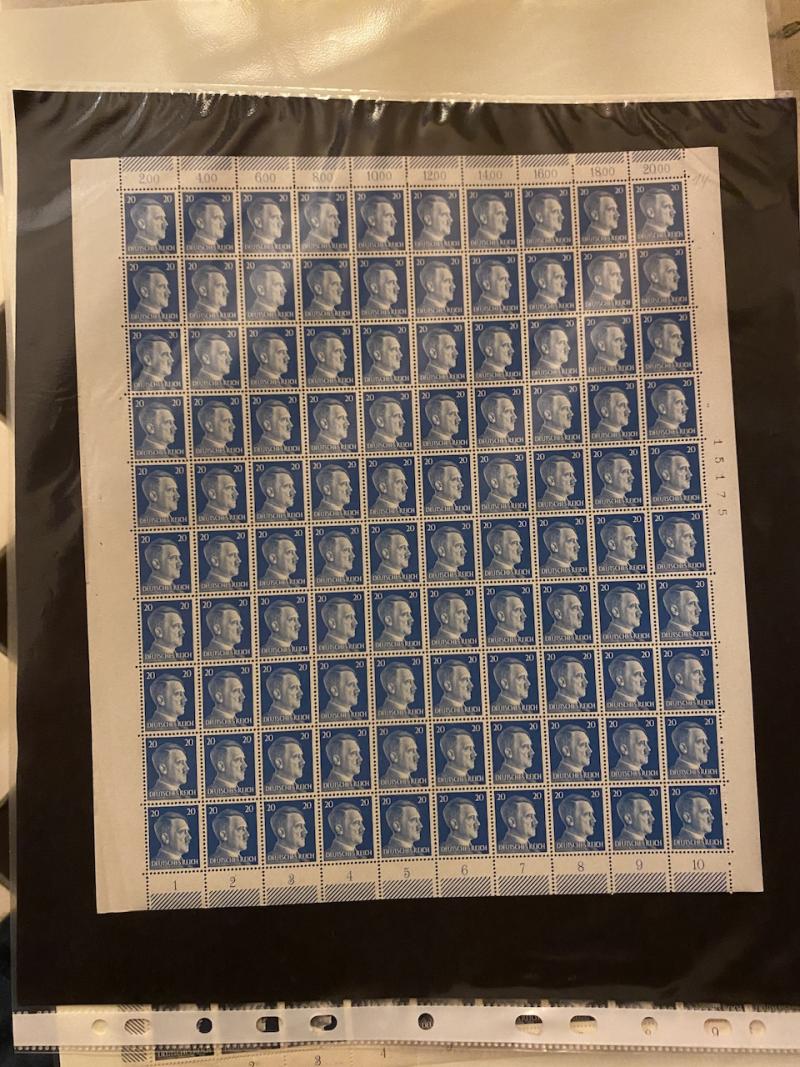 ORIGINAL SHEET OF 100 20Pf WW2 HITLER POSTAGE STAMPS.