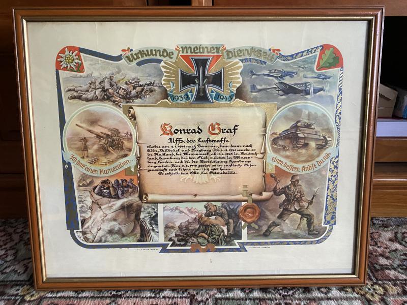 A HIGHLY ILLUMINATED POST-WAR SERVICE TIME CERTIFICATE FOR THIRD REICH SOLDIER.