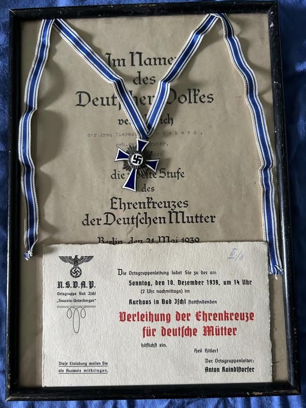 THIRD REICH MOTHERS CROSS IN SILVER WITH AWARD CERTIFICATE AND NSDAP INVITATION TO THE AWARD CEREMONY!!