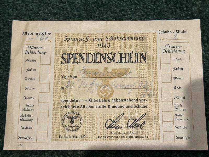 A MOST INTERESTING THIRD REICH ‘DONATION’ CERTIFICATE.