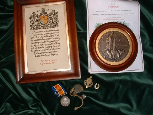 DEATH PLAQUE-CERTIFICATE-MEDAL GROUP- ROYAL SUSSEX REGT.