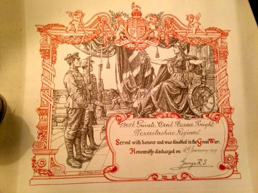 WW1 Honourable Discharge Certificate - Worcs Regt.