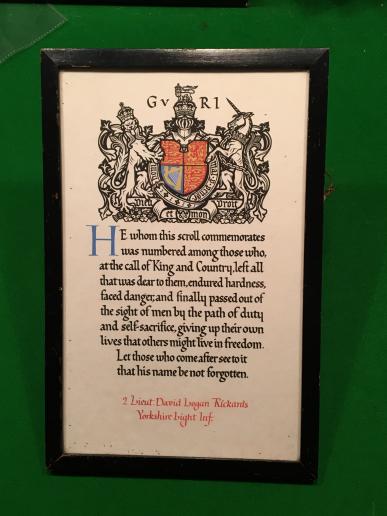 WW1 Memorial Scroll - Officer casualty 1/4 KOYLI.