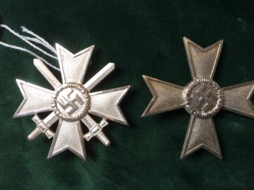 TWO-MINT FIRST CLASS WAR MERIT CROSSES-WITH AND WITHOUT SWORDS-SAME MAKER.