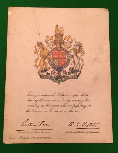 WW1 Land Army Service Certificate.