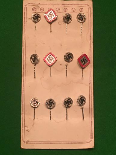 WW2 NSDAP Stickpins on Original Shop Card.