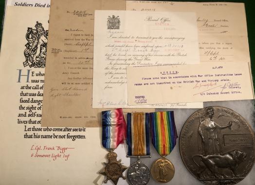 WW1 1914/15 Trio, Scroll and Plaque Casualty Grouping - Dragoons and Som L.I.