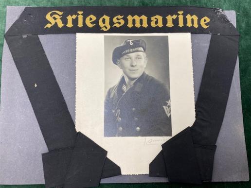 WW2 KRIEGSMARINE CAP TALLY MOUNTED WITH ORIGINAL PHOTO.  