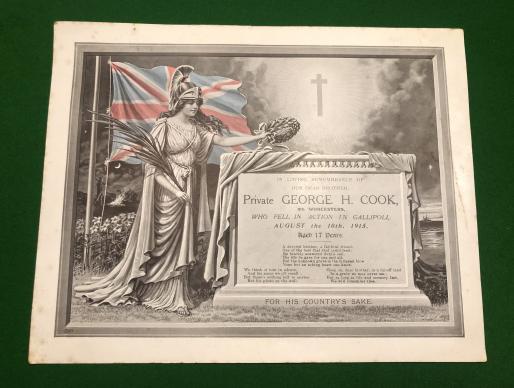 WW1 Printed Memorial - Gallipoli Casualty - Worcesters.