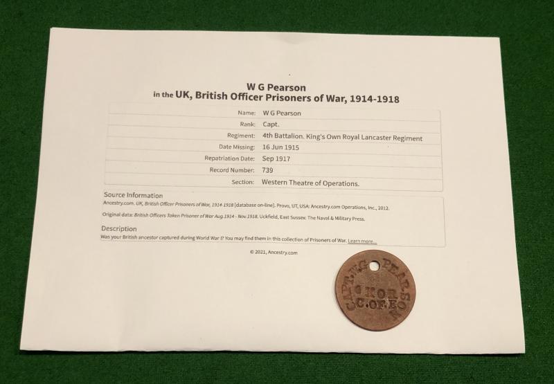 WW1 British Officer's Dog Tag - POW.