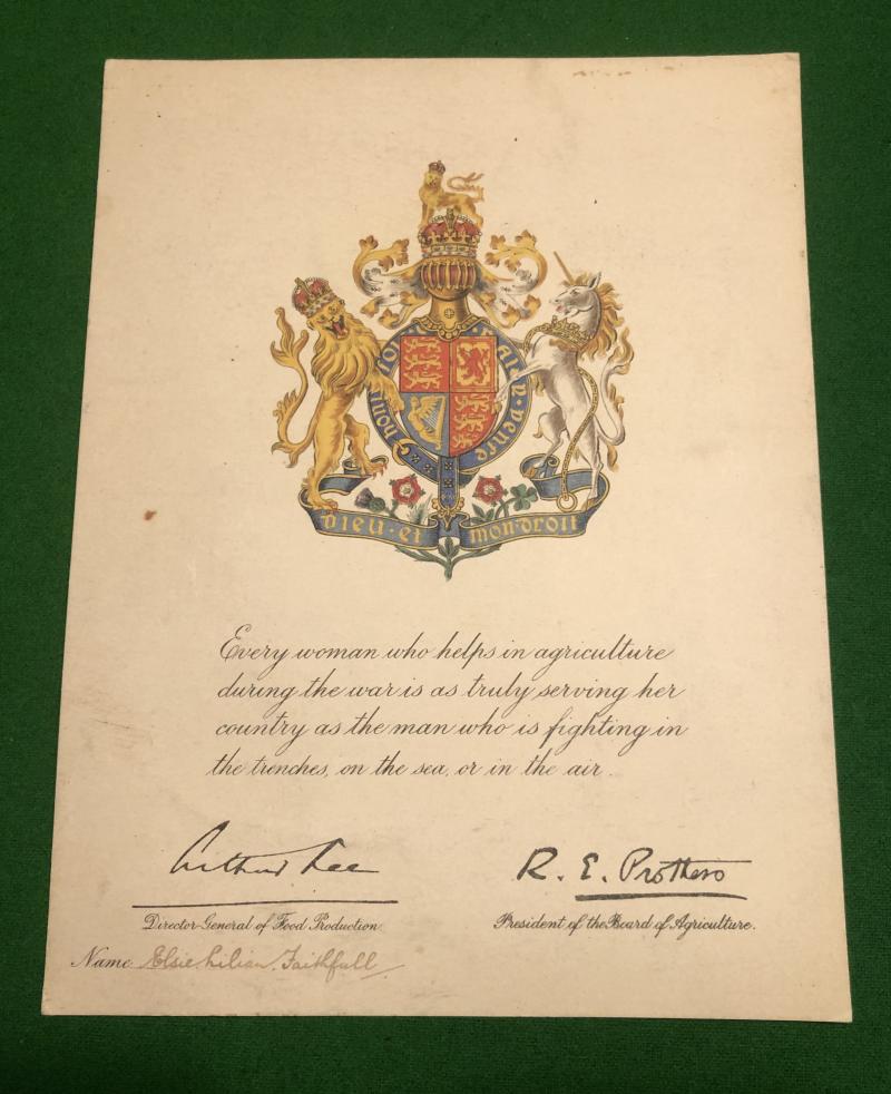 WW1 Land Army Service Certificate.