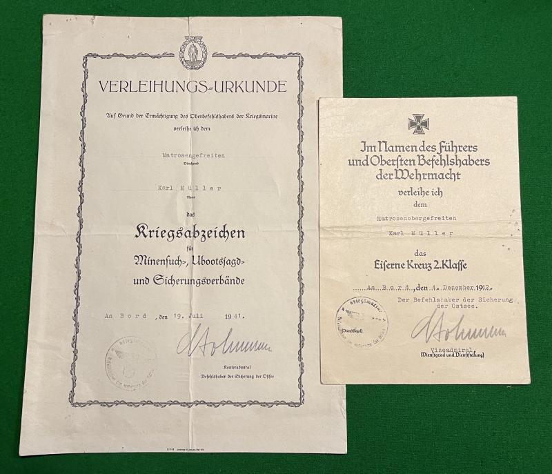 WW2 Kriegsmarine Award Certificate Grouping.