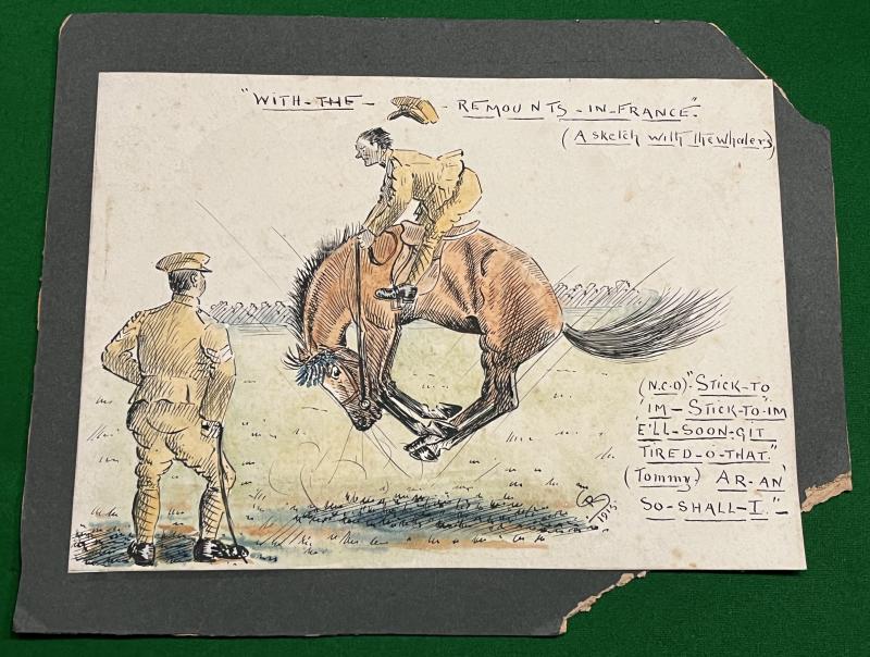 WW1 Army Remount Service Ink and Watercolour Cartoon.