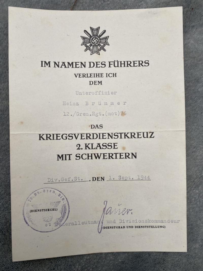 CITATION FOR THE GERMAN WW2 2nd.CLASS WAR MERIT CROSS WITH SWORDS.