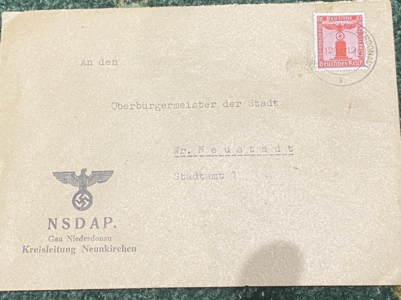 NSDAP BROWN ENVELOPE SENT TO OBERBURGMEISTER IN NEUSTADT.